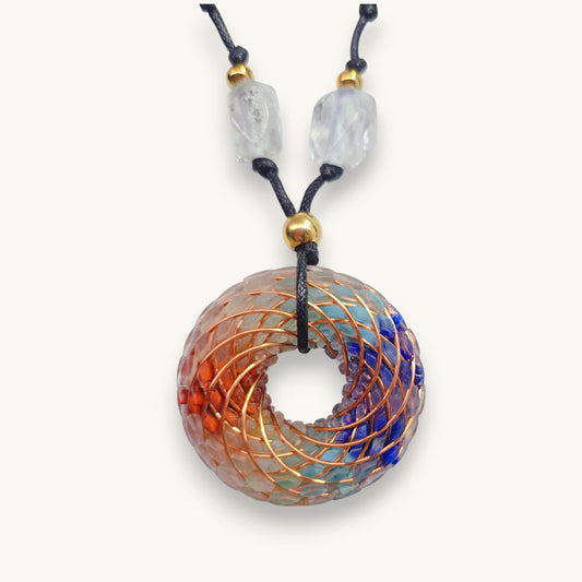 7 Chakra Rodin Coil Necklace Healing Crystal Orgone Energy Pendant Chunky Yoga Jewelry for Protection with Adjustable Leather Cord