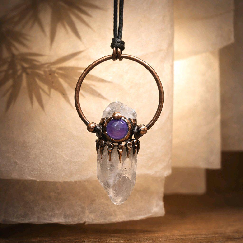 Raw Clear Quartz Point Necklace Copper Geometric Amethyst Pendant, Chunky Stone jewelry 28 inch Adjustable Vegan Cord