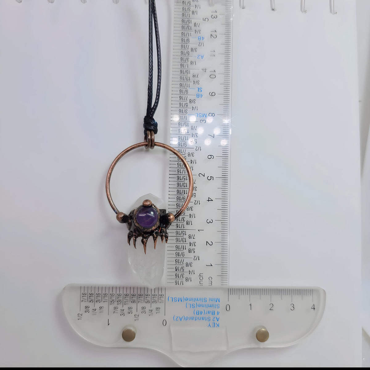 Raw Clear Quartz Point Necklace Copper Geometric Amethyst Pendant, Chunky Stone jewelry 28 inch Adjustable Vegan Cord