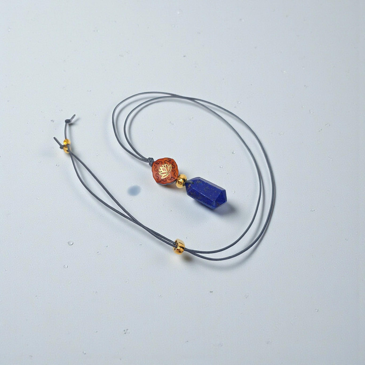 Lapis Lazuli Lotus Necklace, Red Sandalwood Chunky Geometric Pendant, September Birthstone Yoga Jewelry, Adjustable Leather Cord