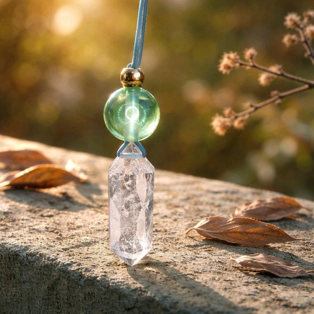 Natural clear quartz Point Necklace Green Fluorite Pendant Chunky Crystal Healing Stone Jewelry adjustable leather up to 30 inches.