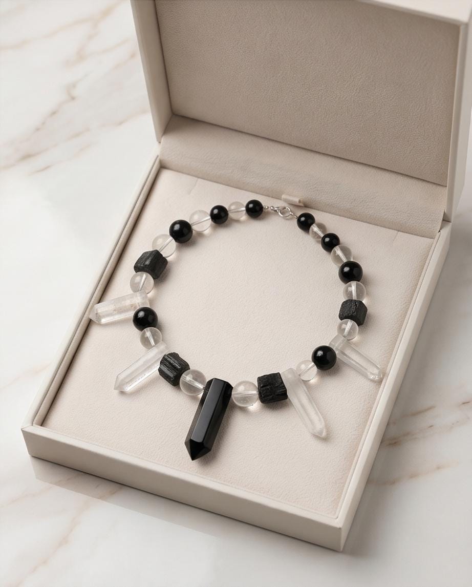 Raw Clear Quartz Point Obsidian Necklace Chunky Black Tourmaline Natural Protection Stone Statement Monochrome Jewelry Boho Gemstone Pendant
