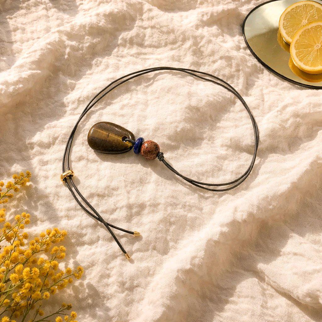 Chunky Tigers Eye Necklace with Lapis Lazuli Red Jasper Pendant Boho Stone Jewelry Adjustable Real Leather cord Tiger's eye Protective Stone