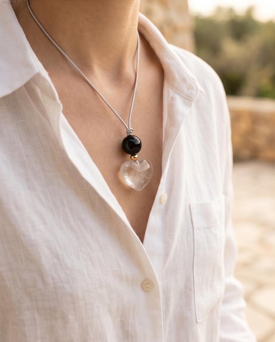 Large Clear Quartz Heart Pendant Necklace, Natural Black Agate Bead Leather Cord, Chunky Crystal Statement Jewelry, Protection Amulet Gift