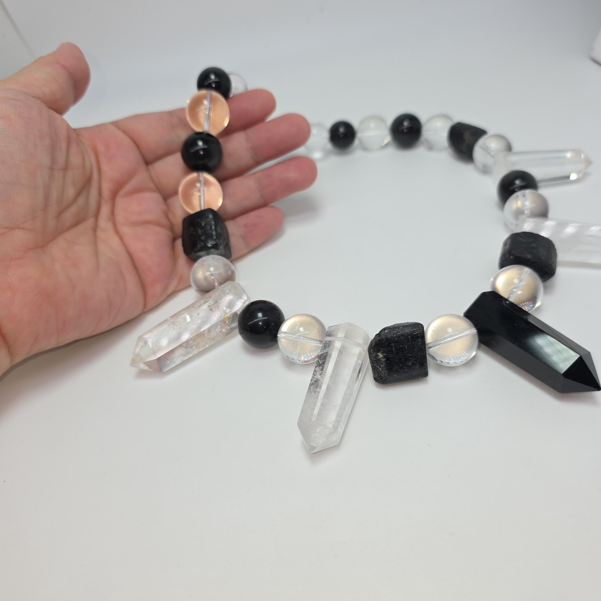 Raw Clear Quartz Point Obsidian Necklace Chunky Black Tourmaline Natural Protection Stone Statement Monochrome Jewelry Boho Gemstone Pendant