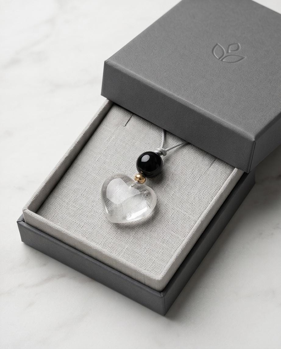 Large Clear Quartz Heart Pendant Necklace, Natural Black Agate Bead Leather Cord, Chunky Crystal Statement Jewelry, Protection Amulet Gift