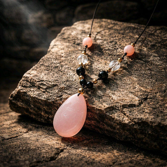Chunky Rose Quartz Pendant Necklace, Genuine Obsidian Sunstone & Clear Quartz, 30" Adjustable Vegan Cord, Large Pink Crystal Healing Jewelry