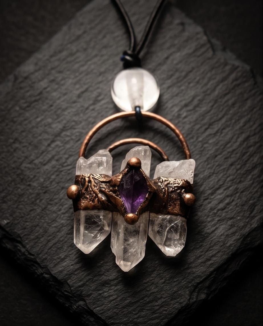 Raw Clear Quartz Point Cluster Necklace, Amethyst, Electroplated Copper Statement Pendant, Bohemian Crystal Jewelry for Men or Women