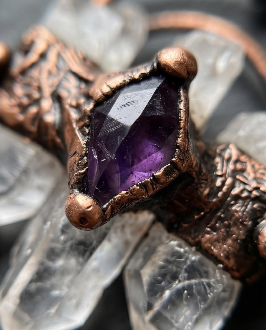 Raw Clear Quartz Point Cluster Necklace, Amethyst, Electroplated Copper Statement Pendant, Bohemian Crystal Jewelry for Men or Women