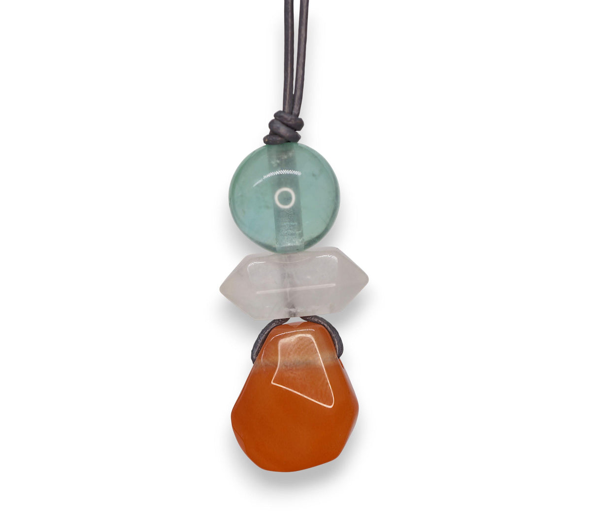 Natural Carnelian Fluorite Quartz Necklace, Zen Leather Cord Pendant, Chunky Geometric Crystal Jewelry, Boho Minimalist Gift for Her #2066