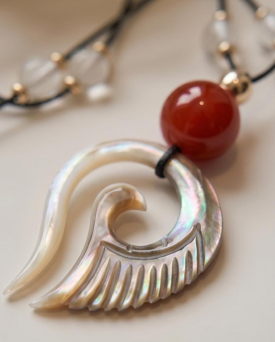 Shell & Red Agate Spiral Pendant Necklace, Mother of Pearl Wing Jewelry, Adjustable Cord up to 24", Unique Chunky Stone Spiritual Gift