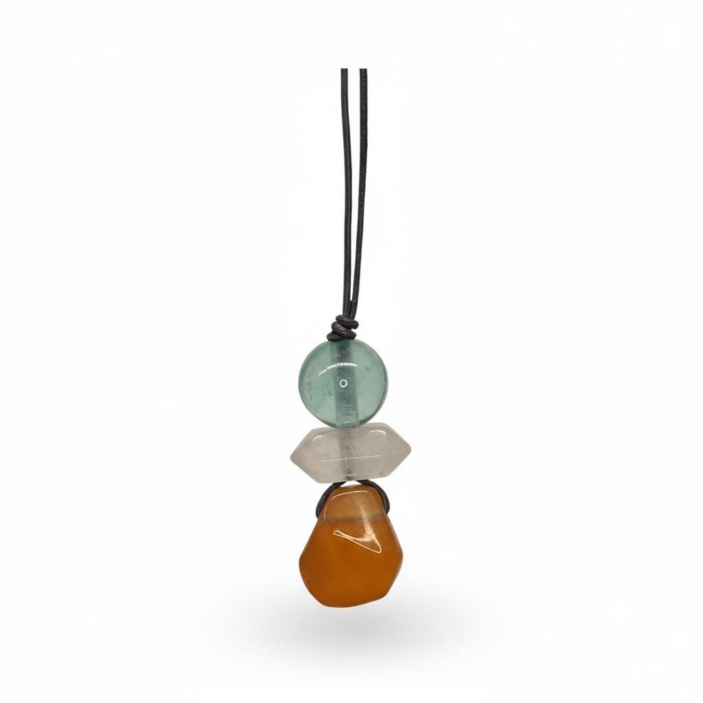 Natural Carnelian Fluorite Quartz Necklace, Zen Leather Cord Pendant, Chunky Geometric Crystal Jewelry, Boho Minimalist Gift for Her #2066
