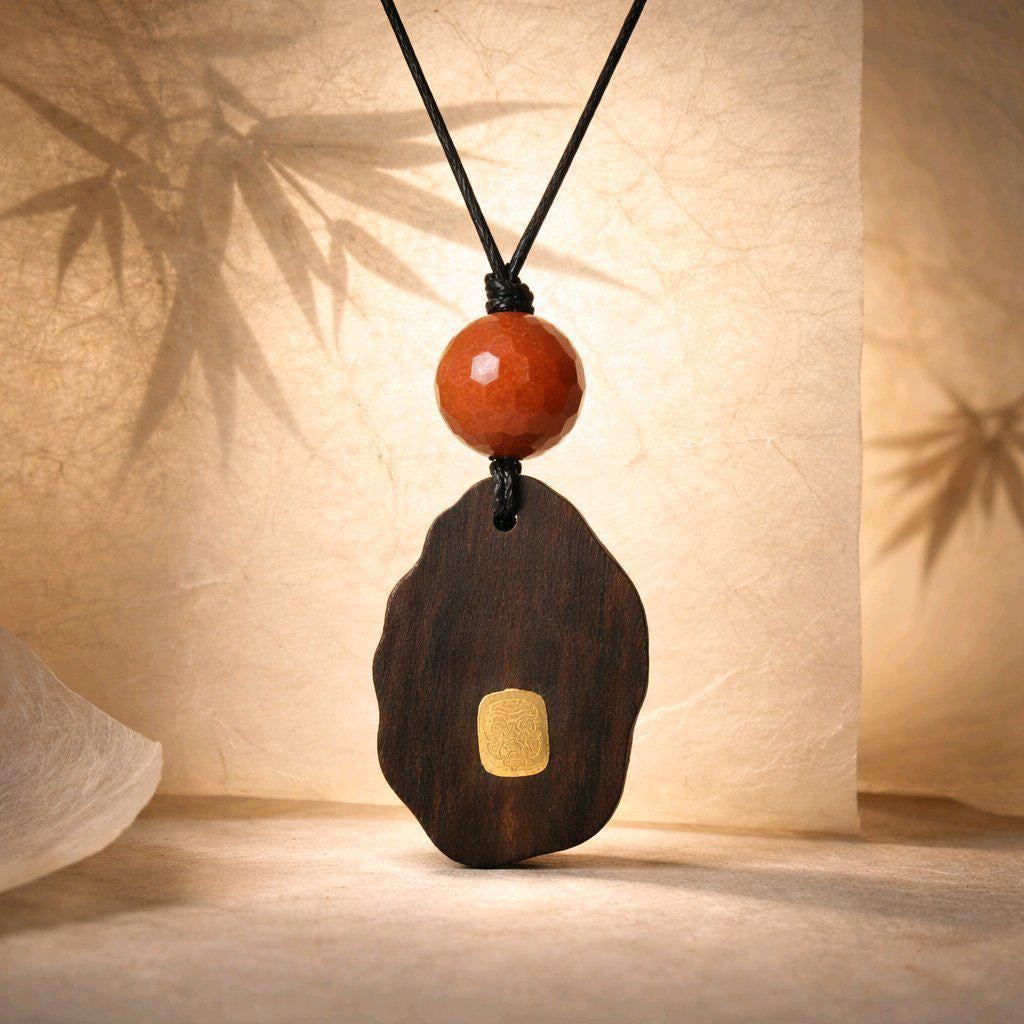 Natural Agarwood Pendant Necklace With Faceted Red jasper, organic wood carving with Gold Lion Totem, Zen Meditation Jewelry Chunky Stone