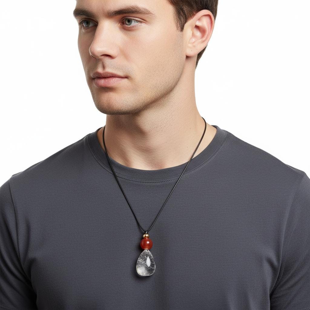 Clear Quartz Red Carnelian Necklace, Freeform Zen Pendant, Chunky Geometric Energy Stone, Boho Crystal Jewelry Real Leather Cord Adjustable