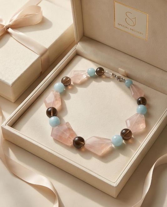 Chunky Rose Quartz Aquamarine Necklace, Geometric Raw Crystal Statement Choker, Smoky Quartz Healing Gemstone Jewelry Bold Pastel Gemstone