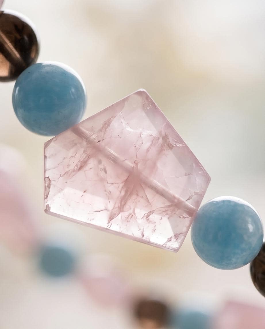 Chunky Rose Quartz Aquamarine Necklace, Geometric Raw Crystal Statement Choker, Smoky Quartz Healing Gemstone Jewelry Bold Pastel Gemstone