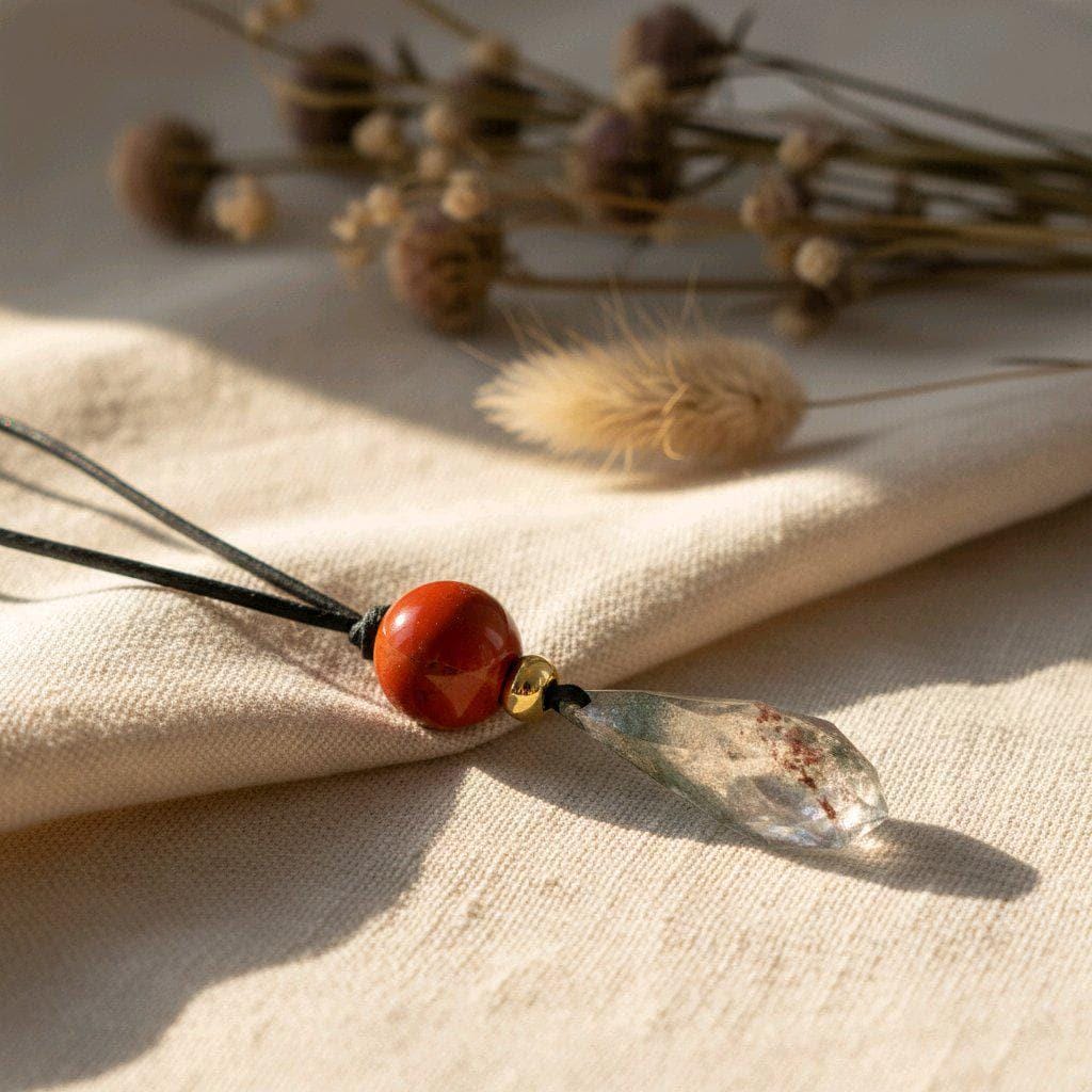 Chunky Garden Quartz Necklace, Geometric Faceted Phantom Crystal Pendant with Red Jasper, Zen Spiritual Jewelry, Adjustable Leather #2573