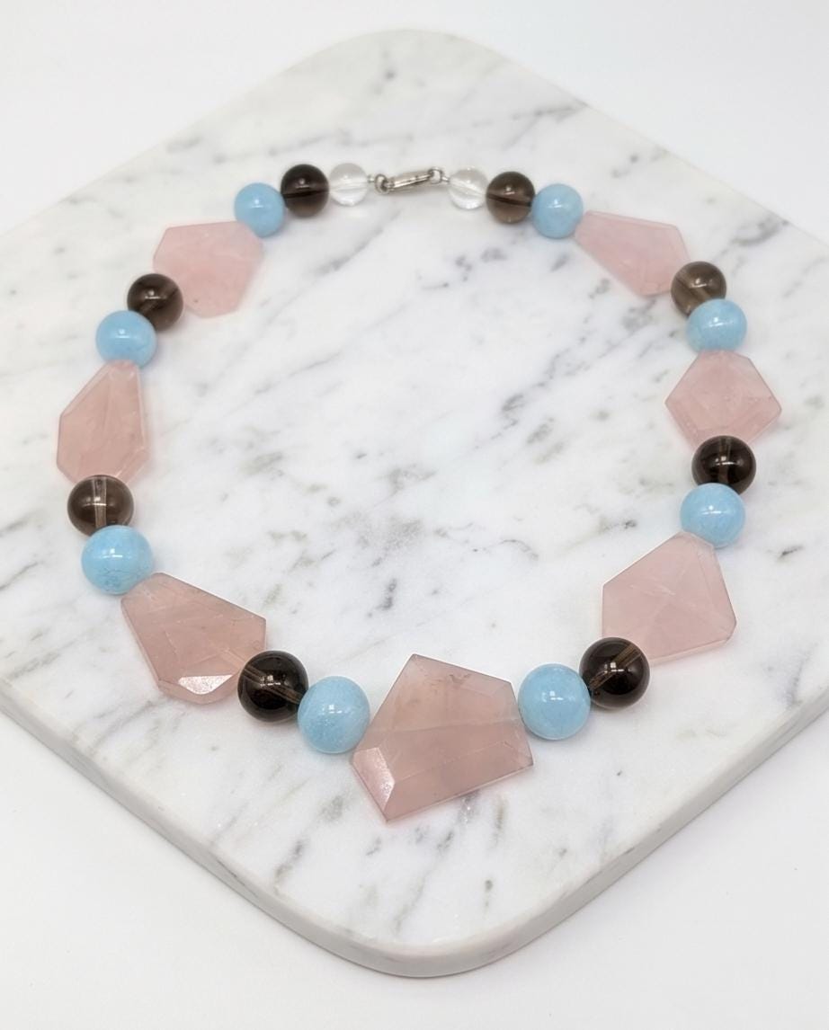 Chunky Rose Quartz Aquamarine Necklace, Geometric Raw Crystal Statement Choker, Smoky Quartz Healing Gemstone Jewelry Bold Pastel Gemstone