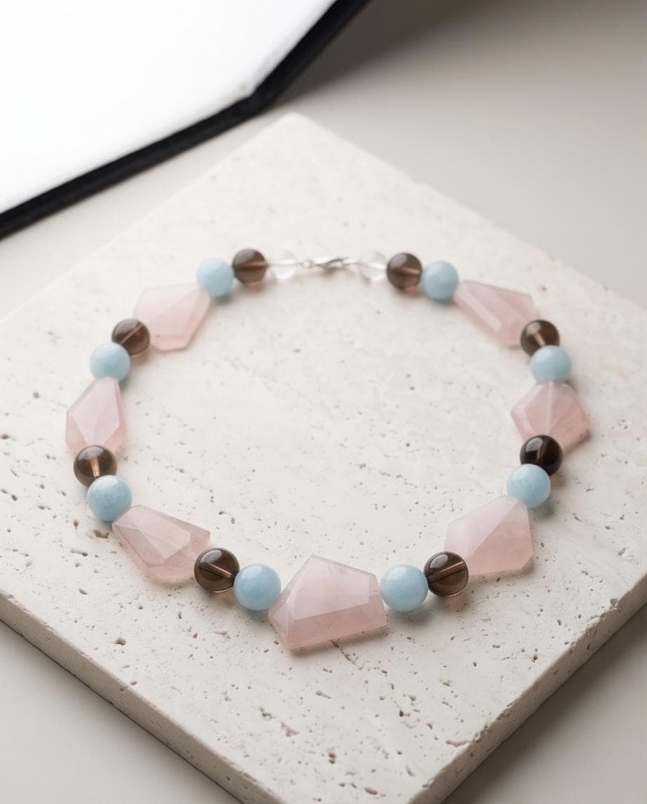 Chunky Rose Quartz Aquamarine Necklace, Geometric Raw Crystal Statement Choker, Smoky Quartz Healing Gemstone Jewelry Bold Pastel Gemstone