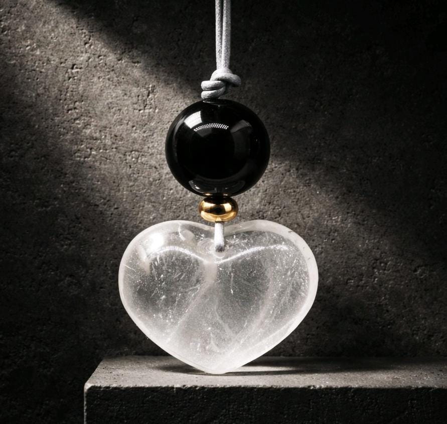 Large Clear Quartz Heart Pendant Necklace, Natural Black Agate Bead Leather Cord, Chunky Crystal Jewelry, Protection Amulet Gift