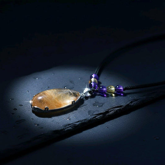 Natural Golden Rutilated Quartz Pendant Necklace with Citrine & Amethyst, Golden Hair Quartz Healing Crystal Jewelry