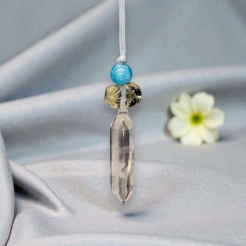 Geometric Rose Quartz Point Necklace - Chunky Natural Citrine & Aquamarine Zen Pendant - 30" Adjustable Cord - Healing Crystal #2074