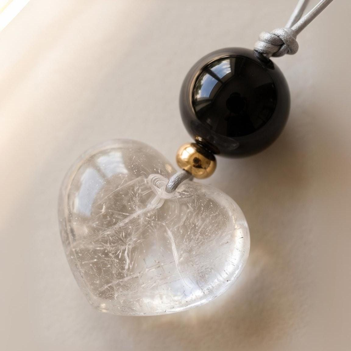 Large Clear Quartz Heart Pendant Necklace, Natural Black Agate Bead Leather Cord, Chunky Crystal Jewelry, Protection Amulet Gift