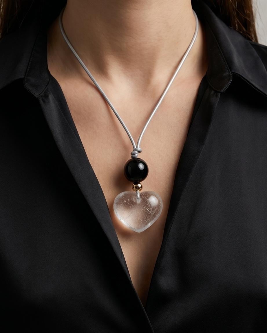Large Clear Quartz Heart Pendant Necklace, Natural Black Agate Bead Leather Cord, Chunky Crystal Jewelry, Protection Amulet Gift