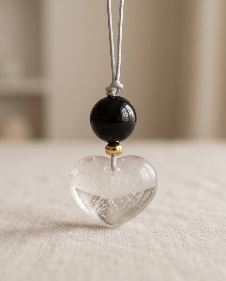 Large Clear Quartz Heart Pendant Necklace, Natural Black Agate Bead Leather Cord, Chunky Crystal Jewelry, Protection Amulet Gift