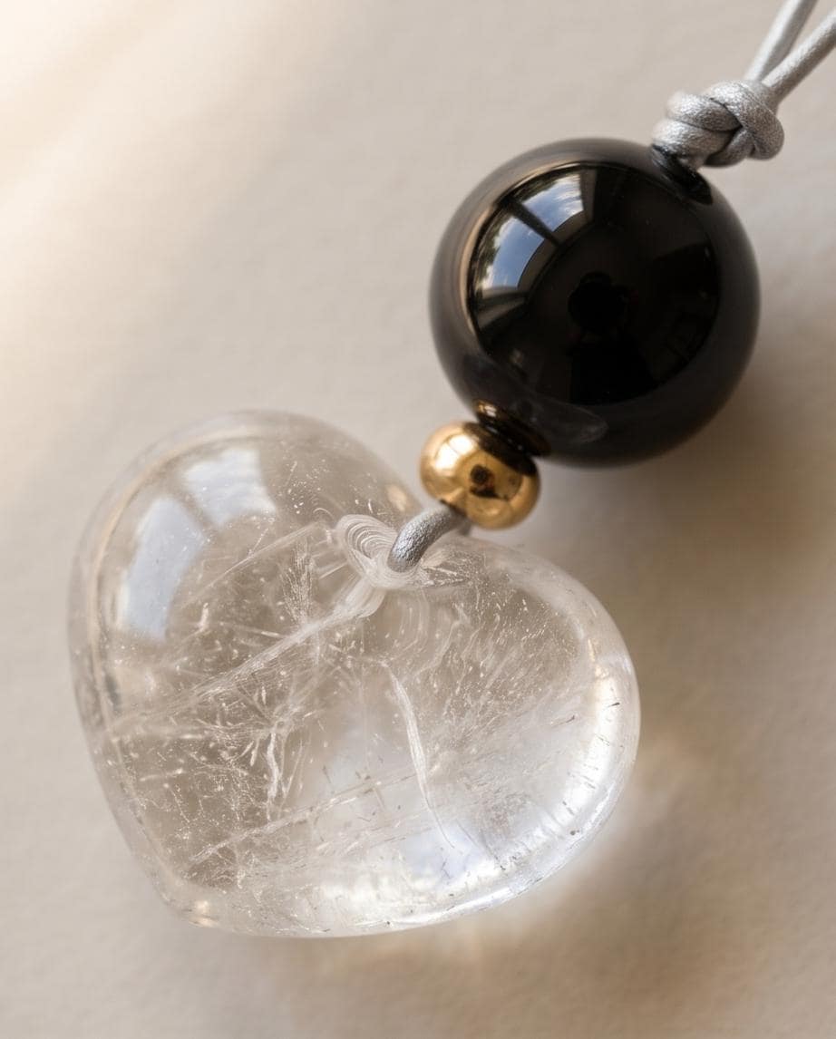 Large Clear Quartz Heart Pendant Necklace, Natural Black Agate Bead Leather Cord, Chunky Crystal Jewelry, Protection Amulet Gift