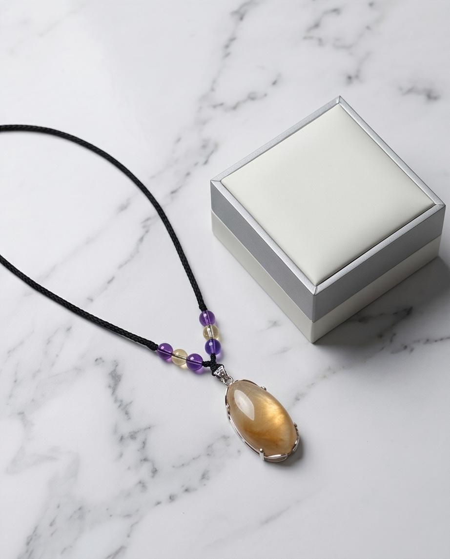 Natural Golden Rutilated Quartz Pendant Necklace with Citrine & Amethyst, Golden Hair Quartz Healing Crystal Jewelry Chunky Stone gift