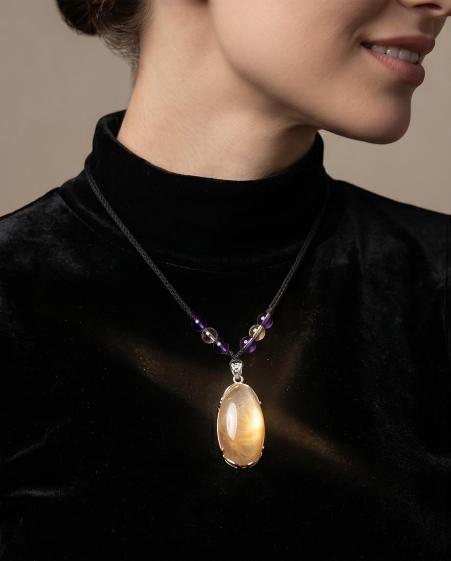 Natural Golden Rutilated Quartz Pendant Necklace with Citrine & Amethyst, Golden Hair Quartz Healing Crystal Jewelry Chunky Stone gift