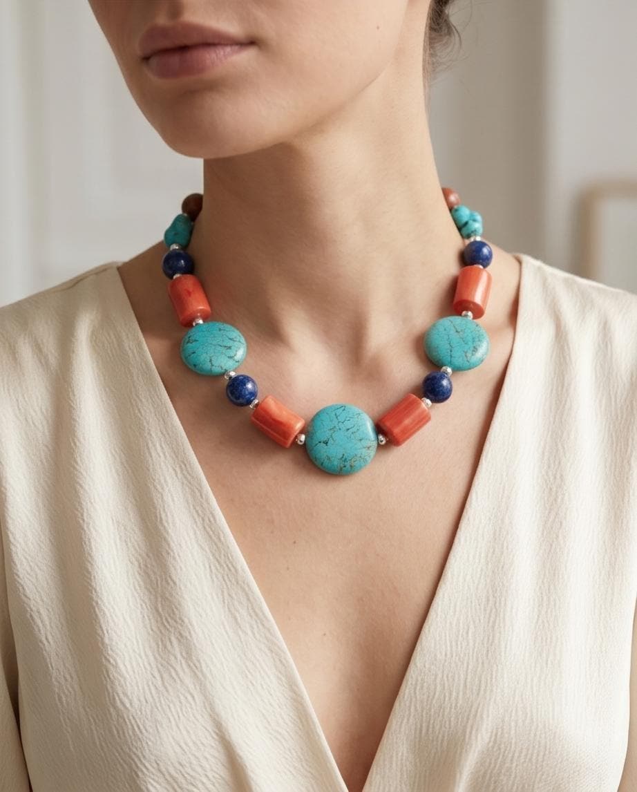Chunky Turquoise Coral Lapis Lazuli Necklace, Tibetan Style Gemstone Statement Necklace, Bold Geometric Southwestern Choker For women