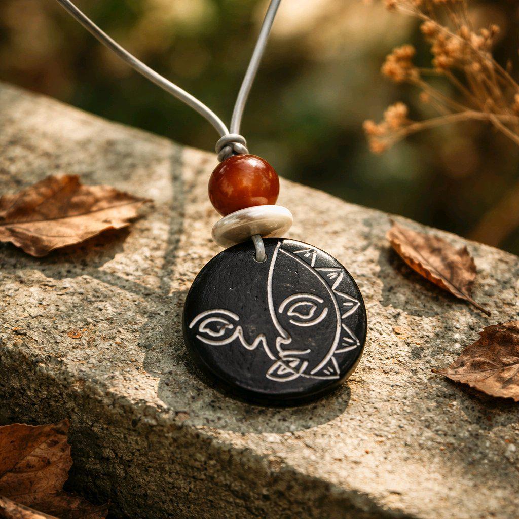 Sun Face Bovine Bone Pendant Necklace, Red Agate & Baroque Pearl, Sun Deity Totem Jewelry, Organic Necklace, Celestial Chunky Stone Gift