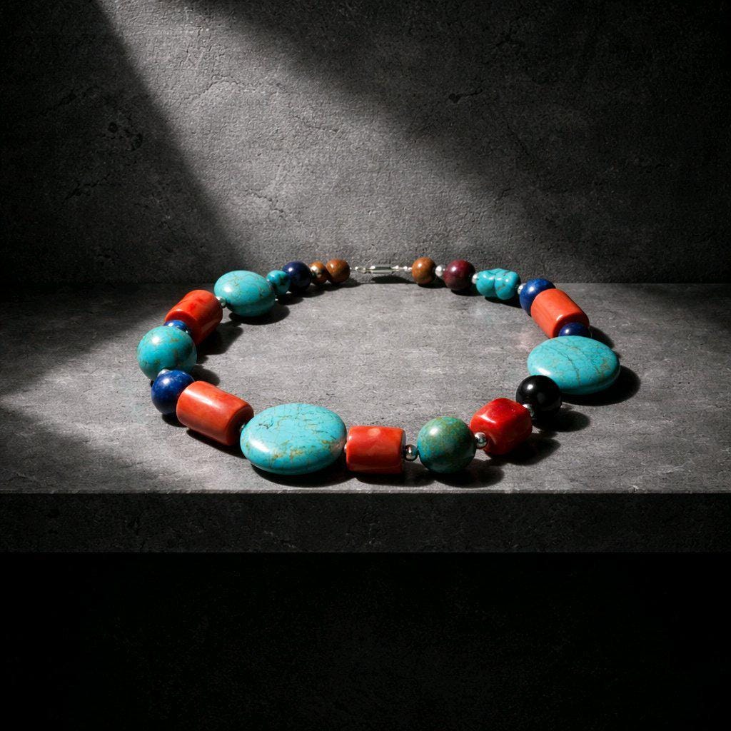 Chunky Turquoise Coral Lapis Lazuli Necklace, Tibetan Style Gemstone Statement Necklace, Bold Geometric Southwestern Choker For women