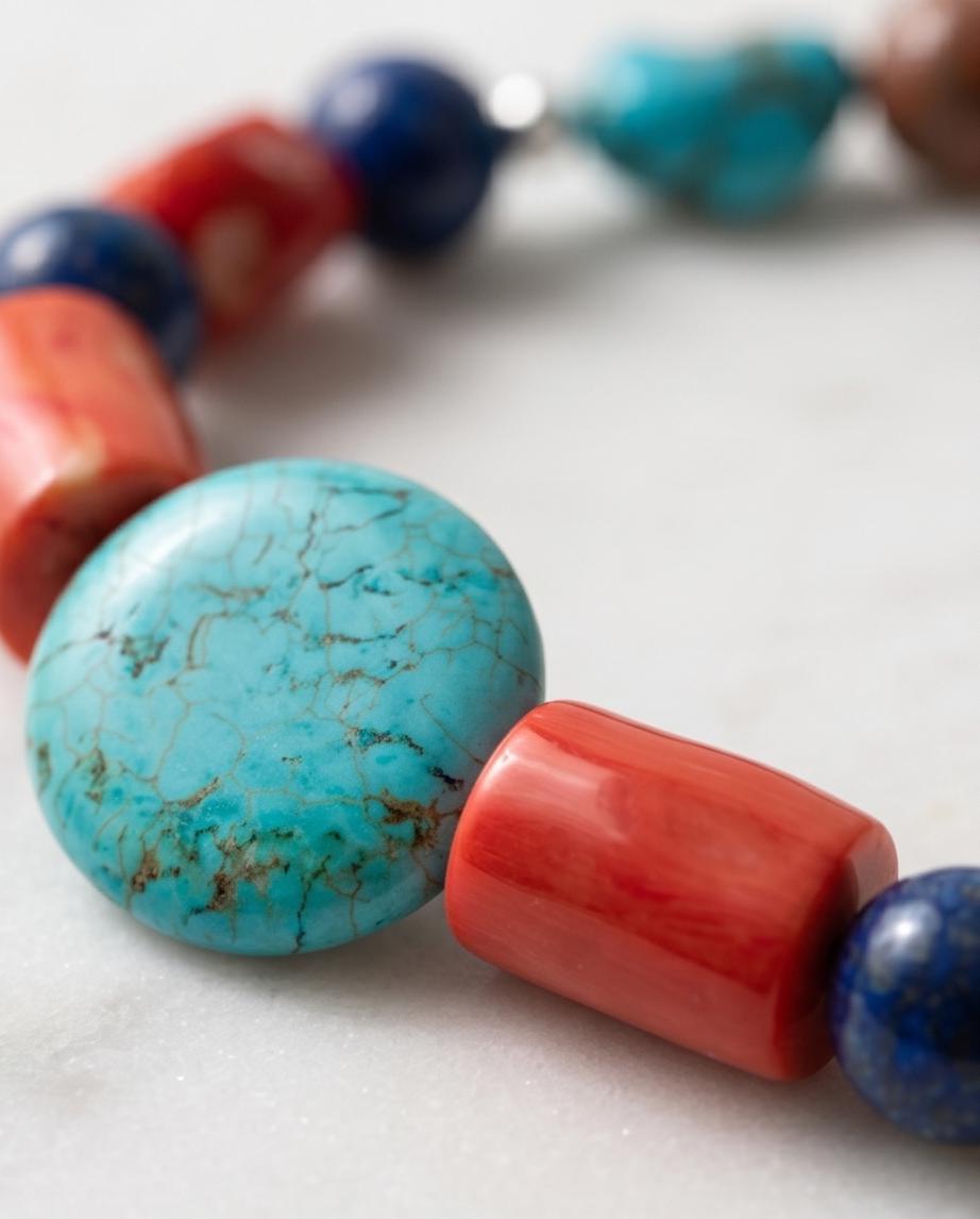 Chunky Turquoise Coral Lapis Lazuli Necklace, Tibetan Style Gemstone Statement Necklace, Bold Geometric Southwestern Choker For women