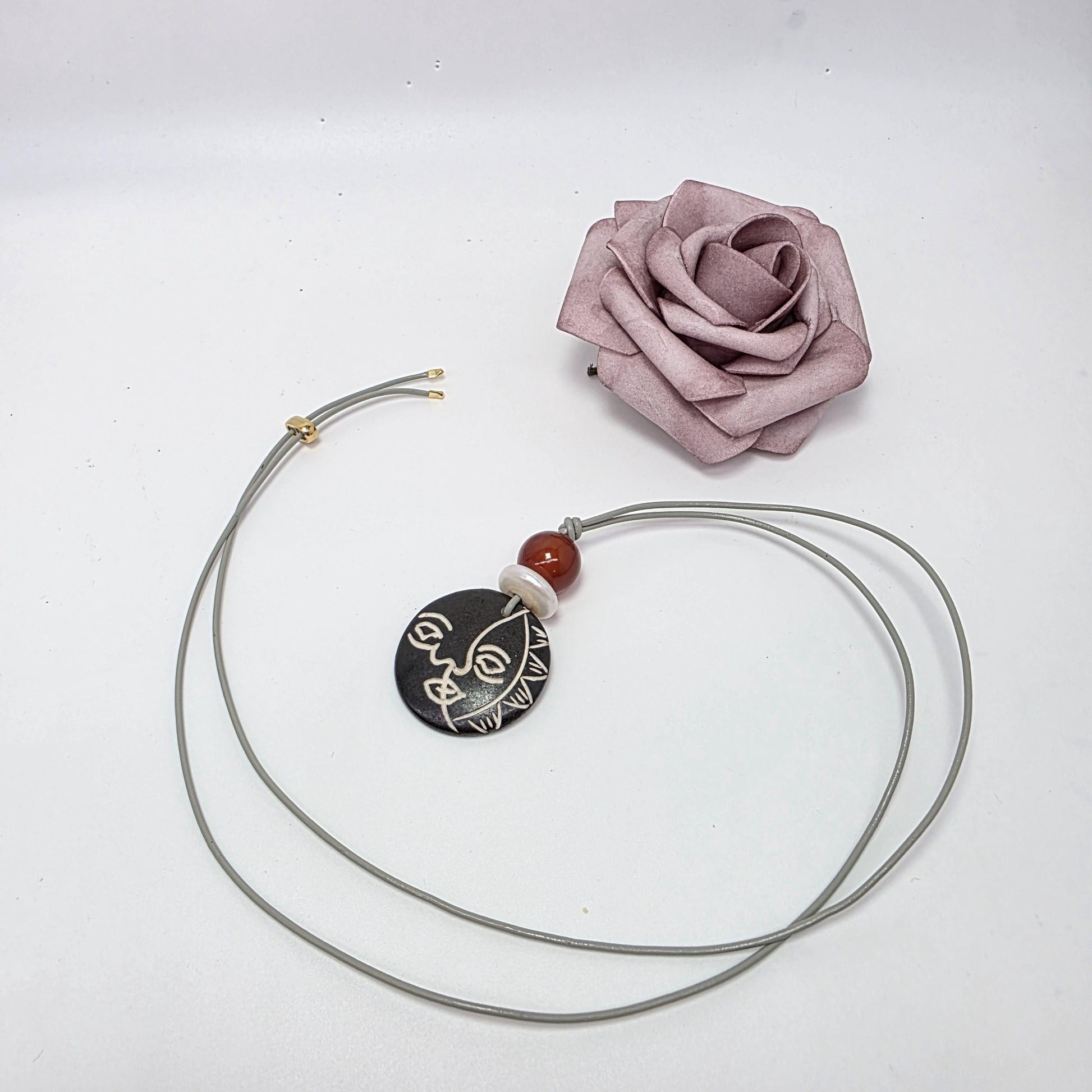 Sun Face Bovine Bone Pendant Necklace, Red Agate & Baroque Pearl, Sun Deity Totem Jewelry, Organic Necklace, Celestial Chunky Stone Gift