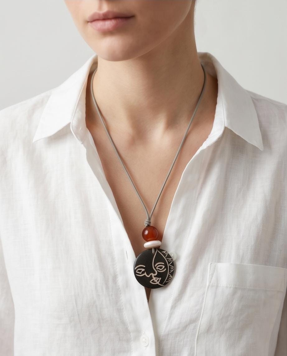 Sun Face Bovine Bone Pendant Necklace, Red Agate & Baroque Pearl, Sun Deity Totem Jewelry, Organic Necklace, Celestial Chunky Stone Gift