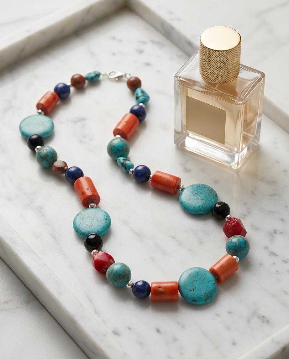 Chunky Turquoise Coral Lapis Lazuli Necklace, Tibetan Style Gemstone Statement Necklace, Bold Geometric Southwestern Choker For women
