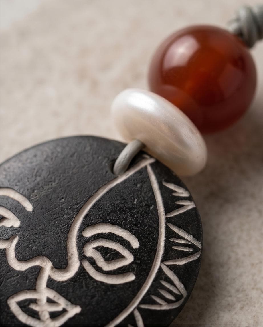 Sun Face Bovine Bone Pendant Necklace, Red Agate & Baroque Pearl, Sun Deity Totem Jewelry, Organic Necklace, Celestial Chunky Stone Gift