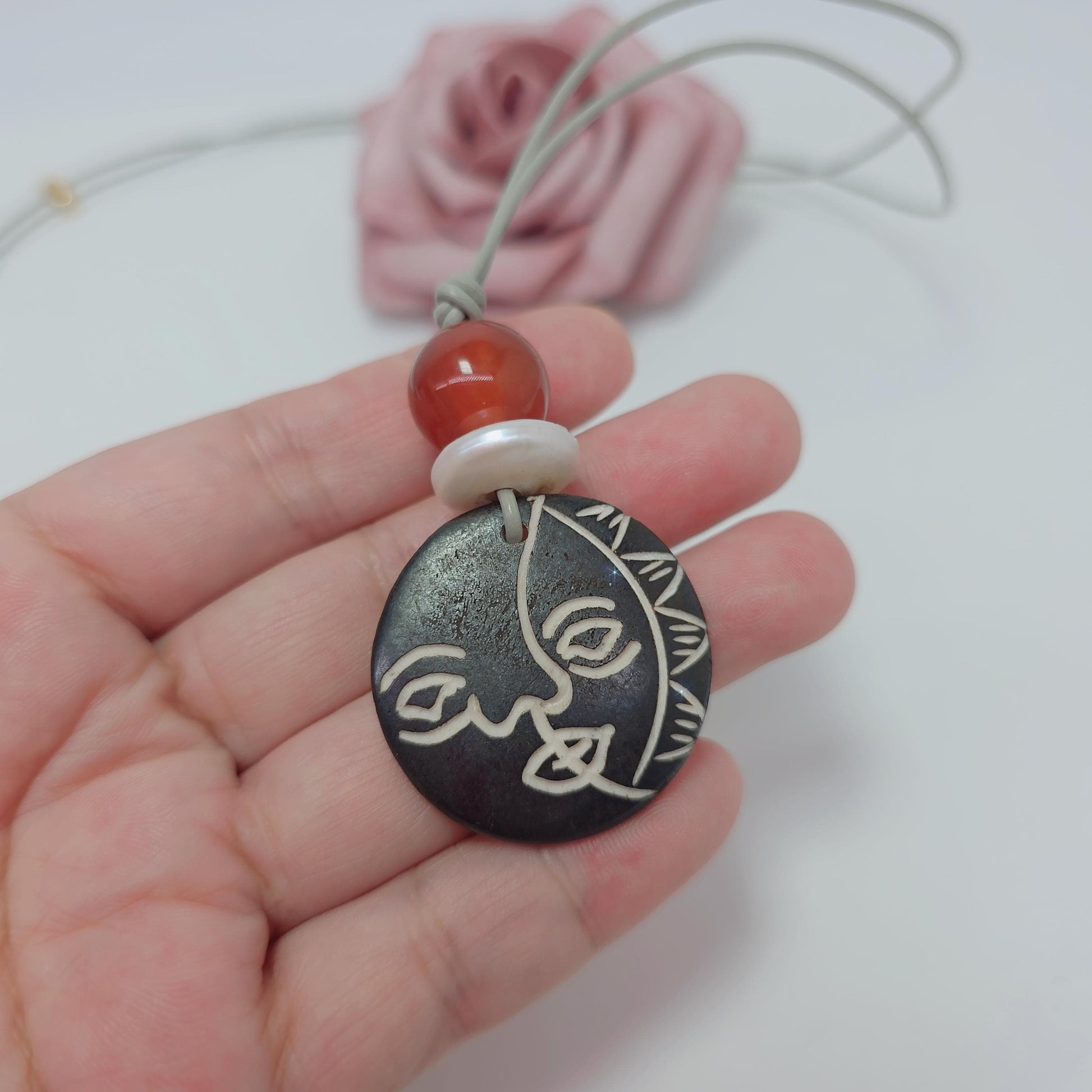 Sun Face Bovine Bone Pendant Necklace, Red Agate & Baroque Pearl, Sun Deity Totem Jewelry, Organic Necklace, Celestial Gift