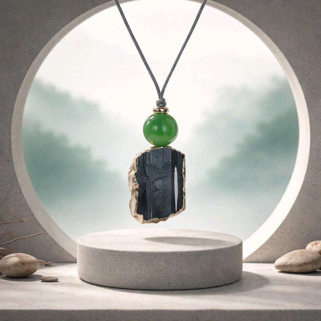Raw Black Tourmaline Necklace Green Dyed Jade Pendant, Adjustable Leather cord, Spiritual Healing Protective Chunky Gemstone for men women