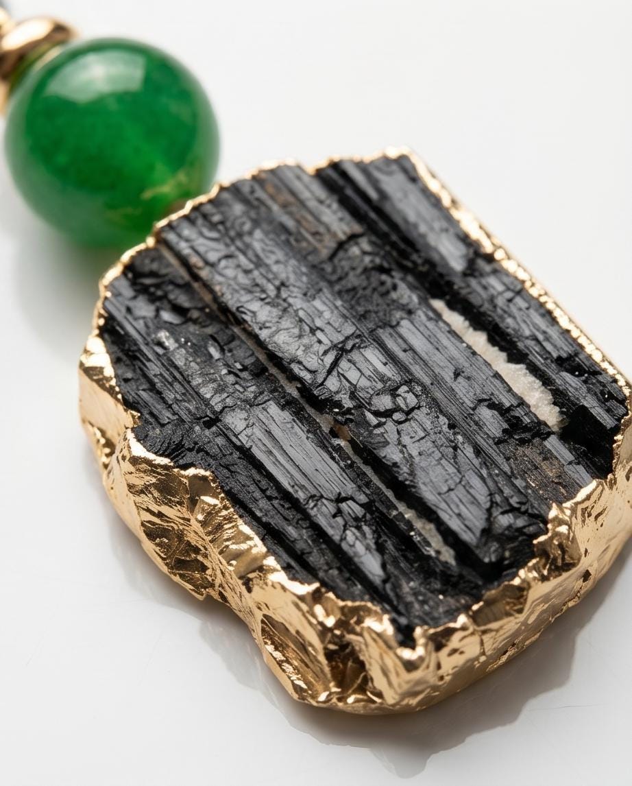 Raw Black Tourmaline Necklace Green Dyed Jade Pendant, Adjustable Leather cord, Spiritual Healing Protective Chunky Gemstone for men women