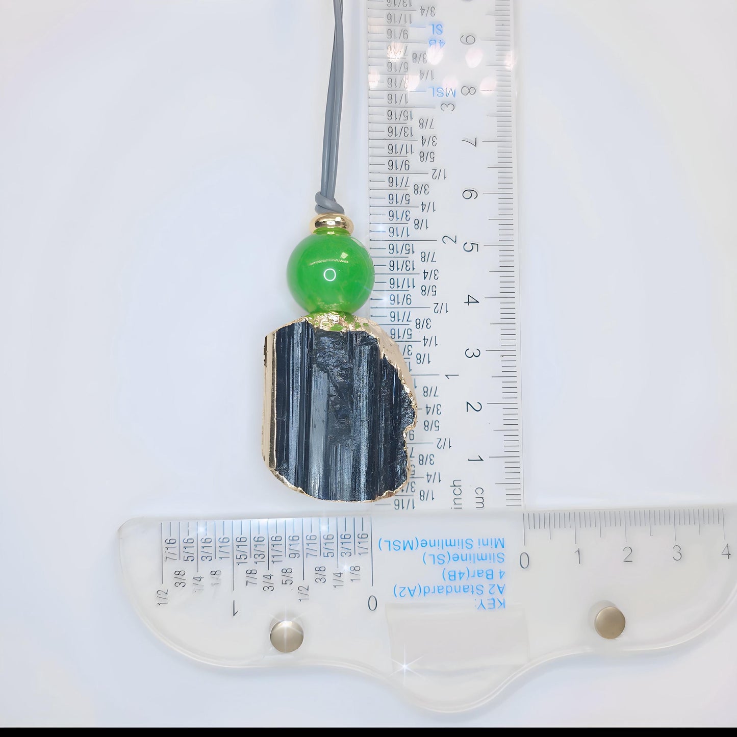 Raw Black Tourmaline Necklace Green Dyed Jade Pendant, Adjustable Leather cord, Spiritual Healing Protective Chunky Gemstone for men women