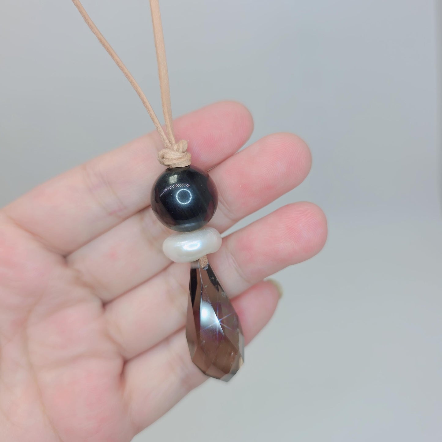 Chunky Natural Smoky Quartz Pendant, Genuine Pearl Black Obsidian Necklace, Spiritual Healing Jewelry, Adjustable leather up to 30 inches.