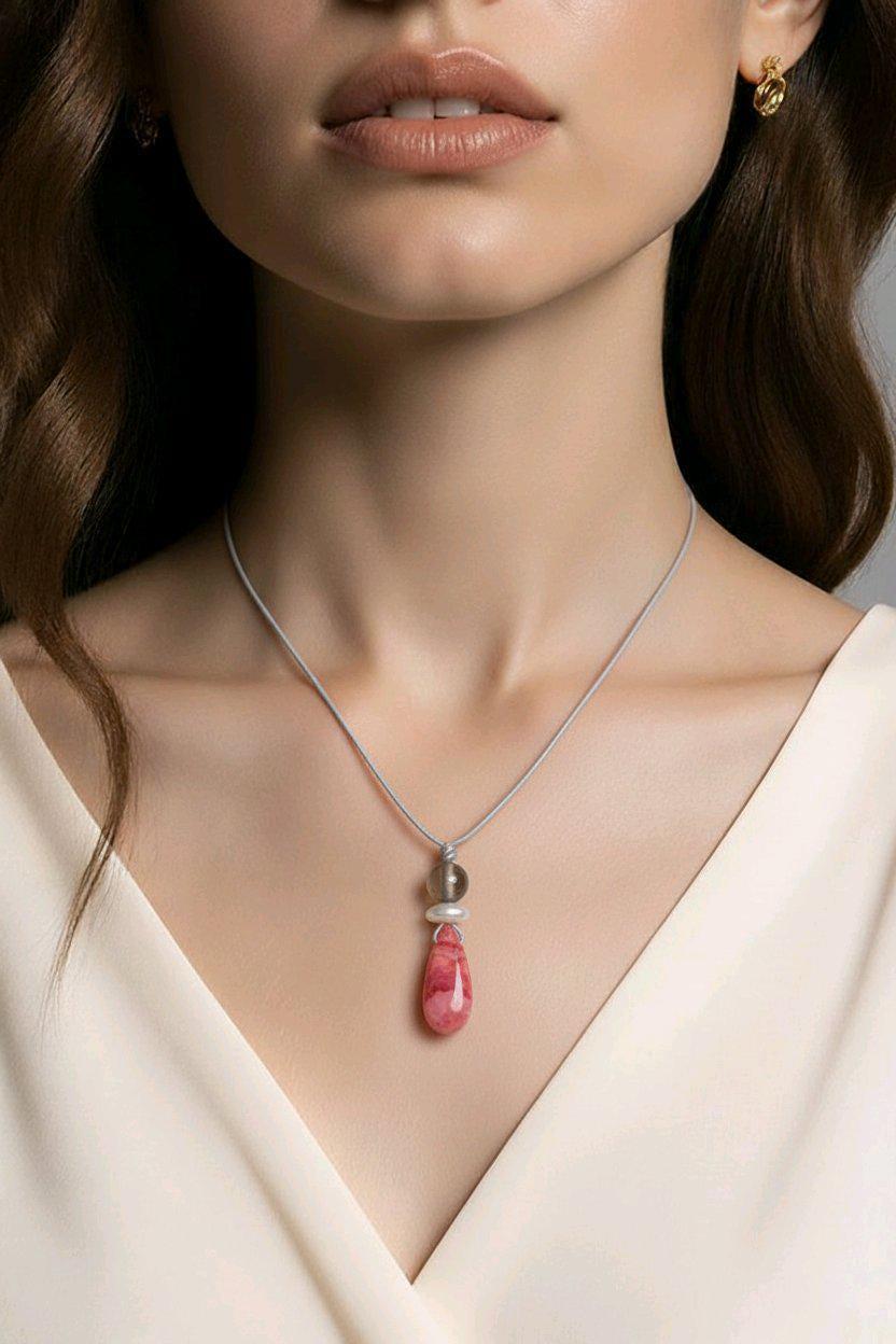 Chunky Rhodochrosite Necklace, Geometric Pink Stone Pendant with Baroque Pearl & Smoky Quartz, Spiritual Jewelry, Adjustable Leather #2576