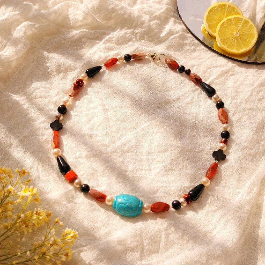Natural Turquoise Pearl Necklace, Hand-Carved Red Jasper Black Onyx Obsidian Statement Jewelry, Chunky Boho Chunky Gemstone Necklace