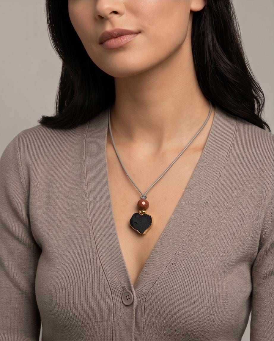 Black tourmaline Necklace, Chunky Stone Heart Pendant, Red Jasper Protective Gemstones Crystal riki healing, Raw Stone Spiritual Gift