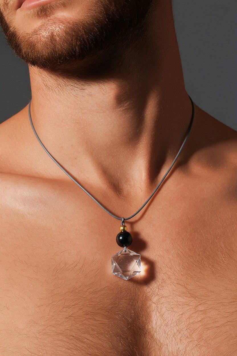 Clear Quartz Hexagram Star Necklace, Chunky Black Obsidian Stone Protection Amulet Jewelry for Men Women, Adjustable Leather Cord