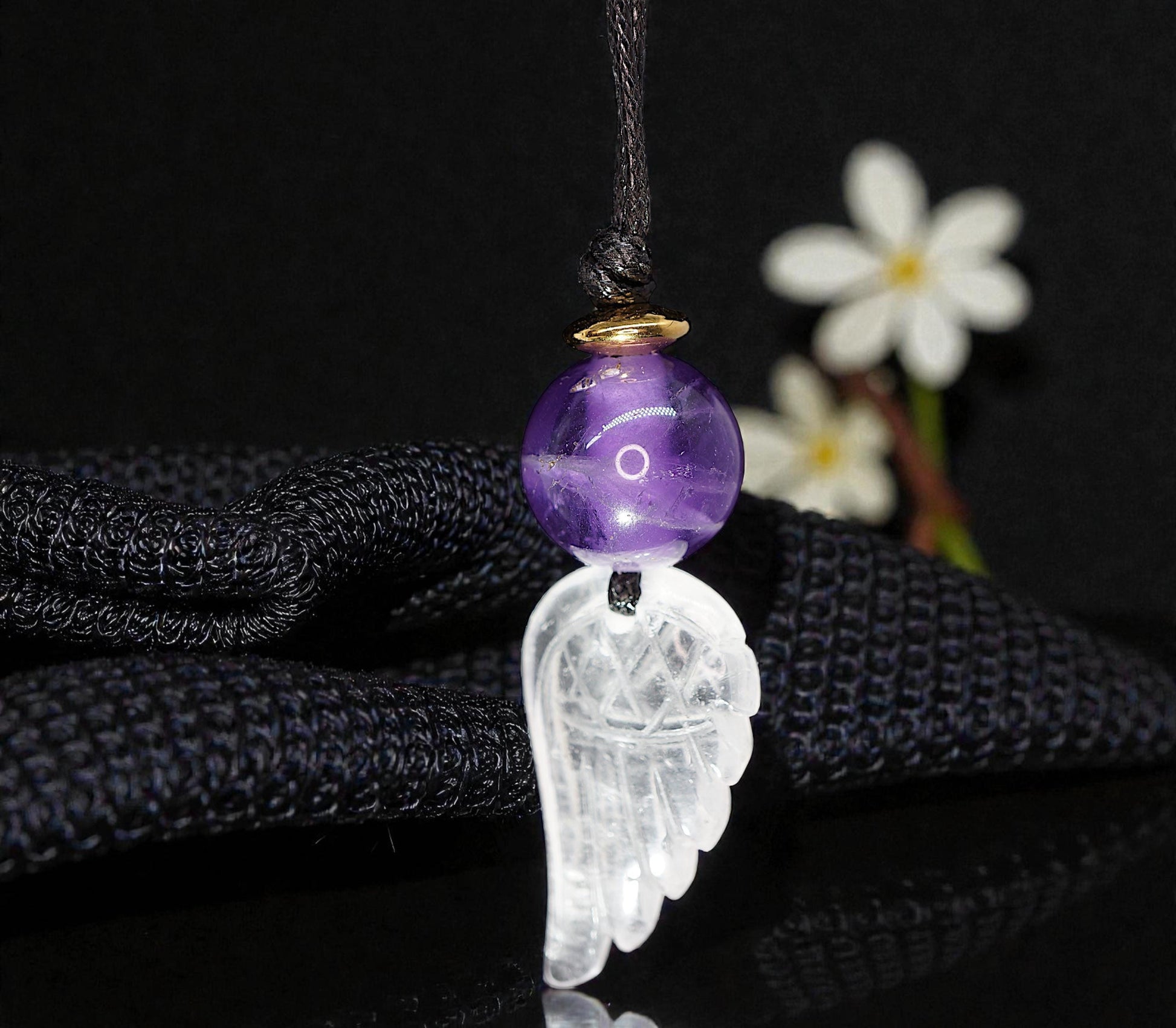 Amethyst Clear Quartz Angel Wing Necklace, Natural Purple Crystal Chunky Pendant, Adjustable Leather Cord, Spiritual Gift for Her #2073